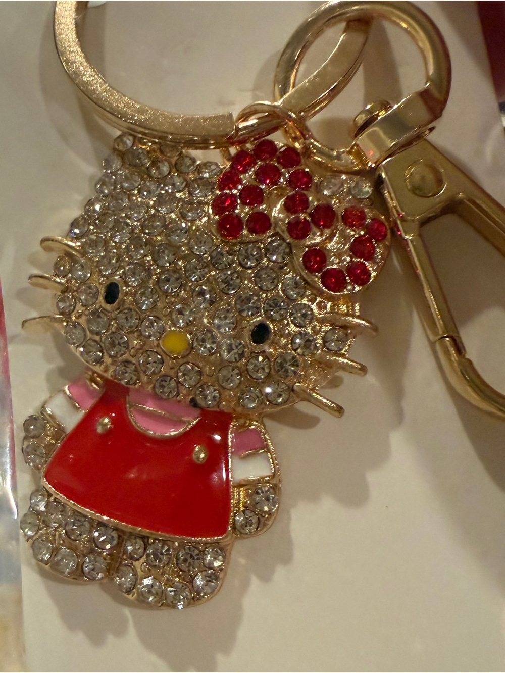 Crystal Hello Kitty-Inspired Gold-Tone Keychain with Red Accents